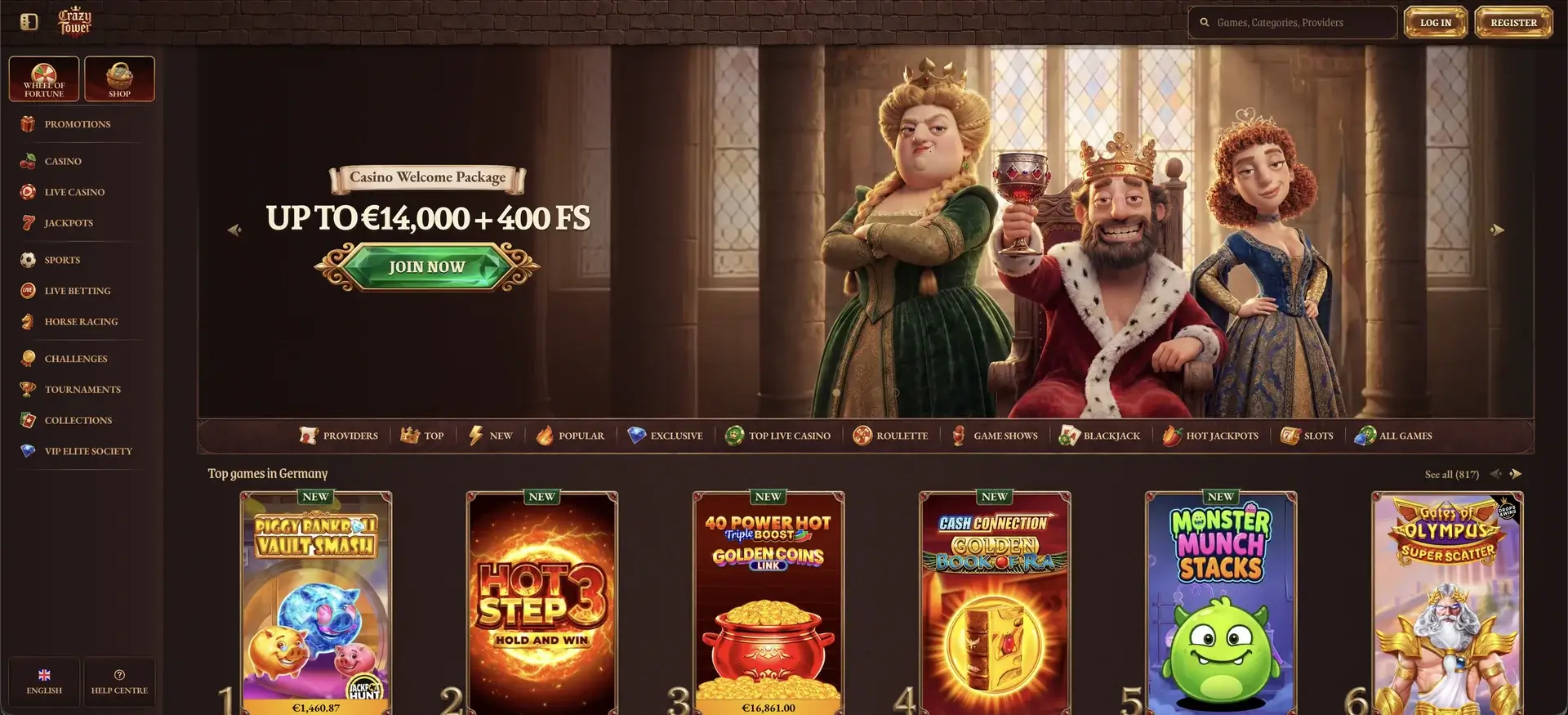 Startseite und Lobby von Crazy Tower Casino